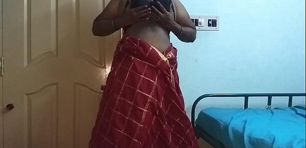  desi  indian tamil telugu kannada malayalam hindi horny cheating wife vanitha wearing cherry red colour saree showing big boobs and shaved pussy press hard boobs press nip rubbing pussy masturbation